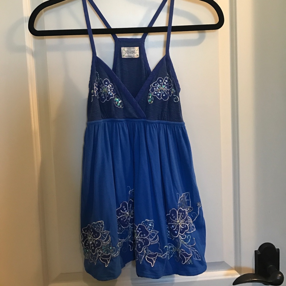 Miss Me blue tank top with flowers