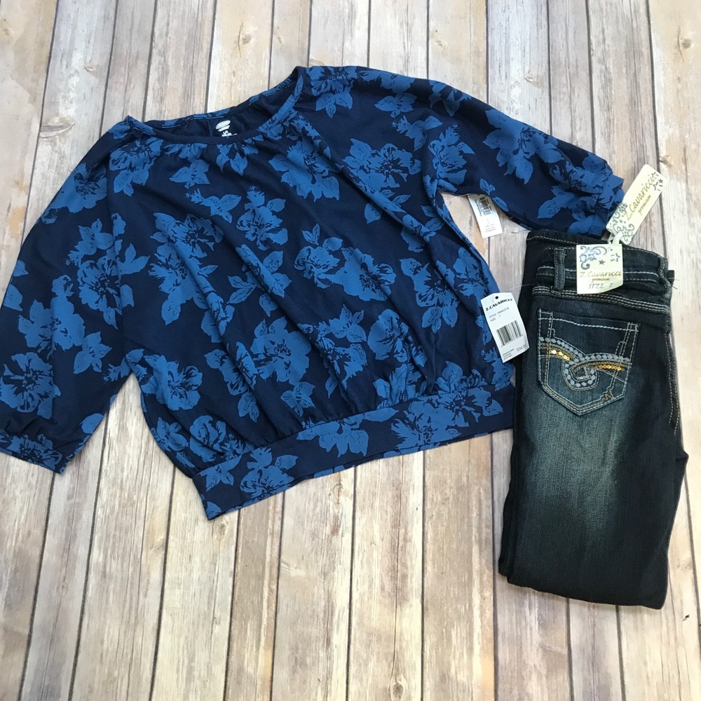 NWT Girls Old Navy Peasent Top, Blue/Navy, Size L
