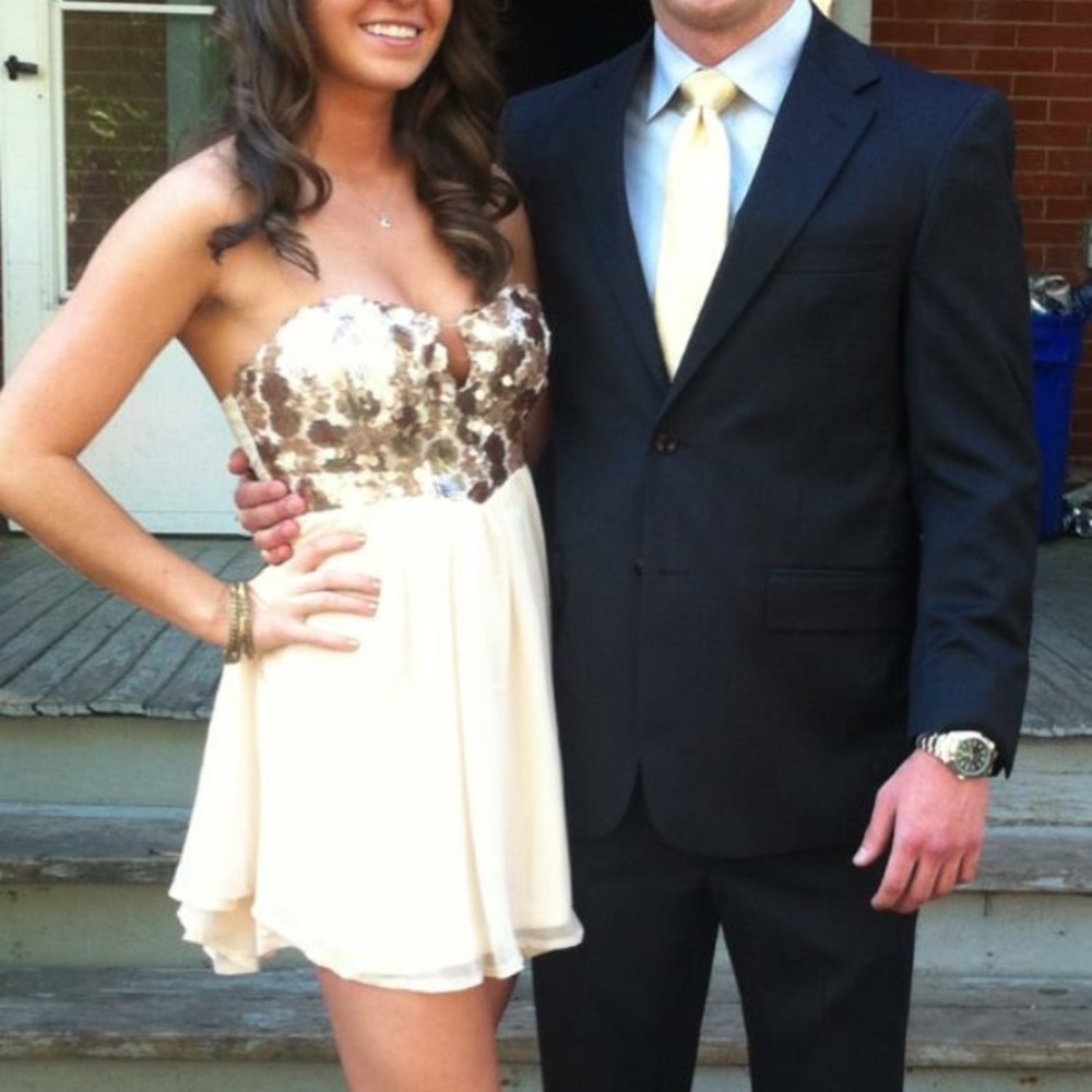 Sabo Skirt: Gold Sequin Top Strapless Dress