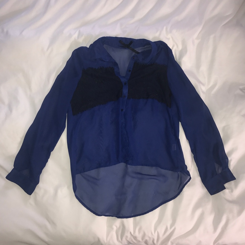 Blue high low  blouse with lace