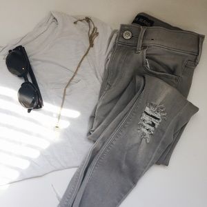 Grey Mid Rise Distressed EXPRESS Skinny Jeans