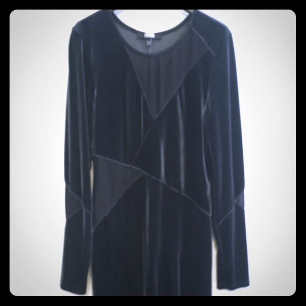 L/S navy blue velvet and crepe bodycon dress.