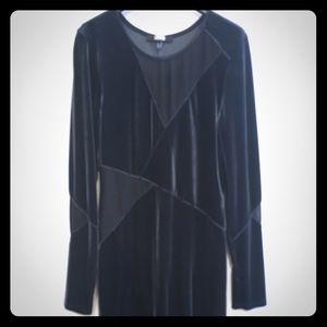 L/S navy blue velvet and crepe bodycon dress.