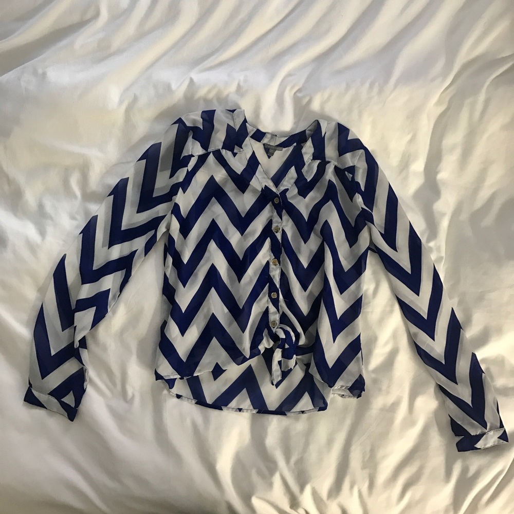 Blue and white chevron blouse w/ front tie
