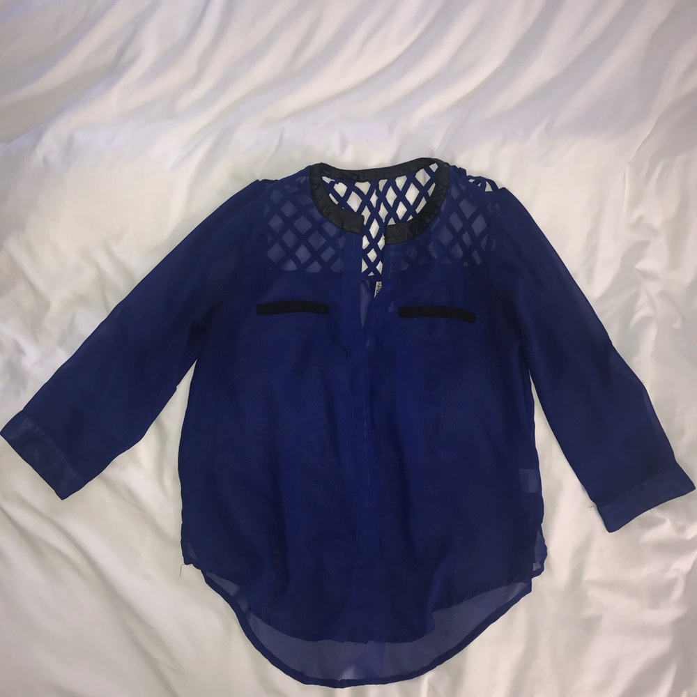 Blue blouse, leather trim & crisscross back