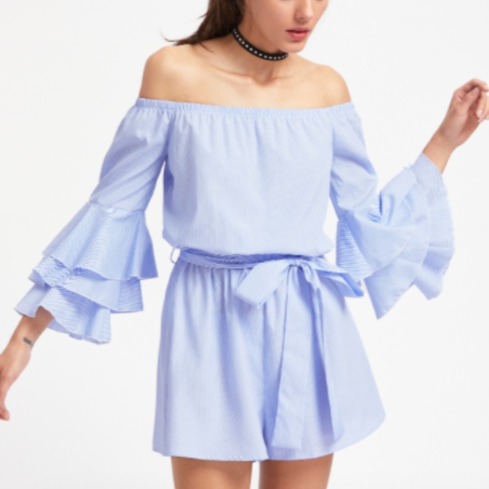 bell sleeve layer striped off shoulder romper tie