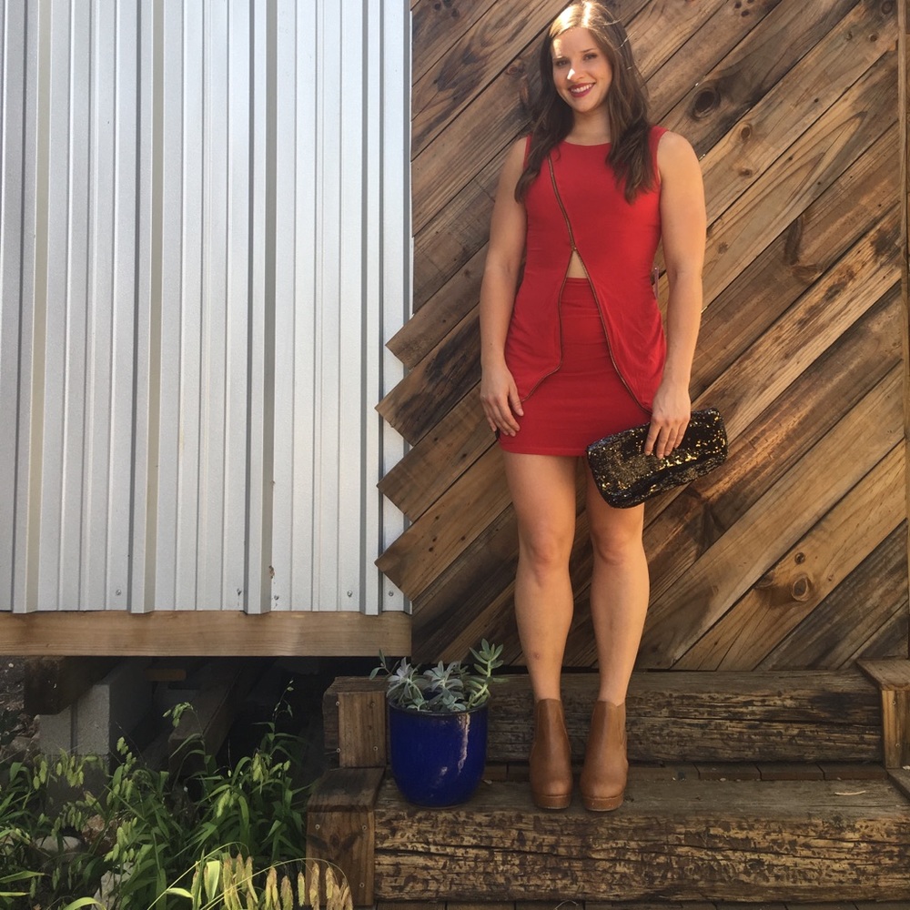 Unique two part red zipper dress