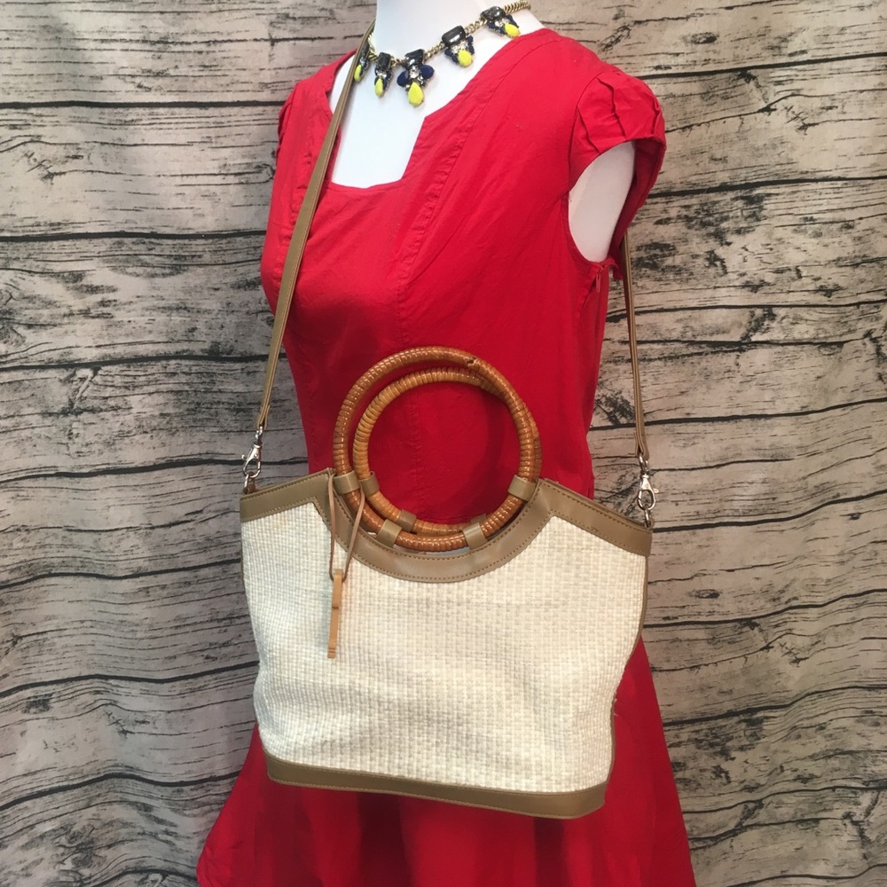 Fossil Ivory woven purse with Bamboo handles