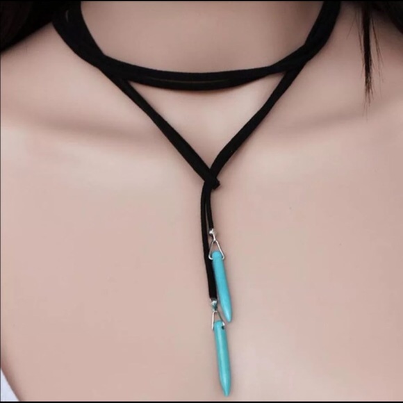 Vegan Suede & Turquoise Pendant Wrap Choker - Picture 4 of 4