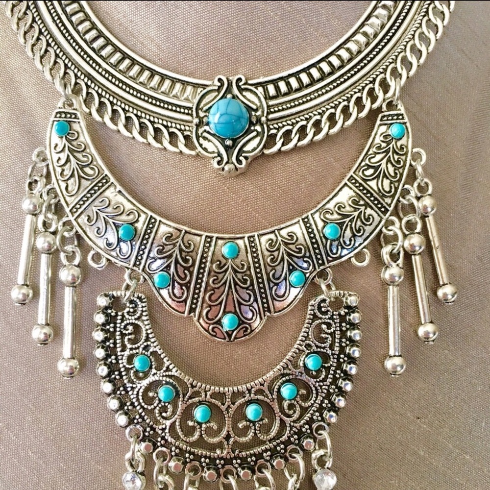 Gypsy Boho Turquoise & Silver Bib Necklace - Picture 2 of 5