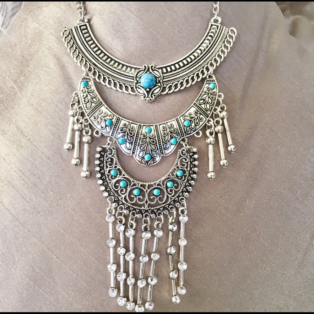 Gypsy Boho Turquoise & Silver Bib Necklace - Picture 3 of 5