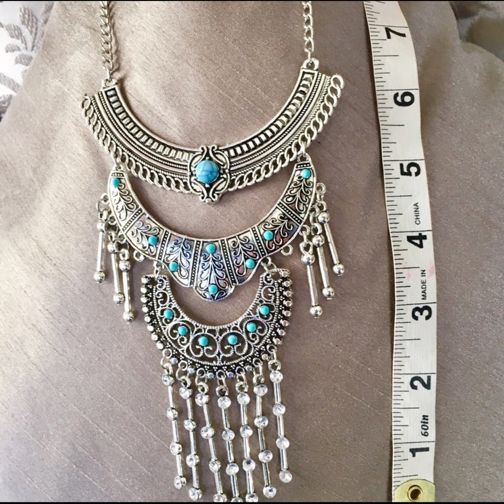 Gypsy Boho Turquoise & Silver Bib Necklace - Picture 5 of 5