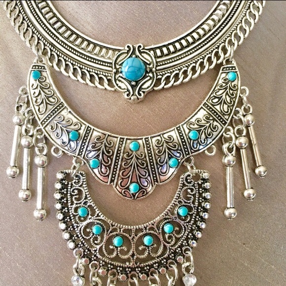 Gypsy Boho Turquoise & Silver Bib Necklace - Picture 2 of 5