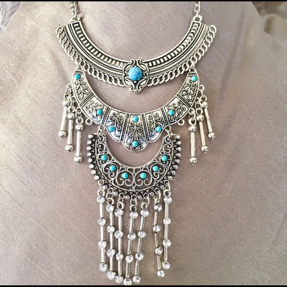 Gypsy Boho Turquoise & Silver Bib Necklace - Picture 3 of 5