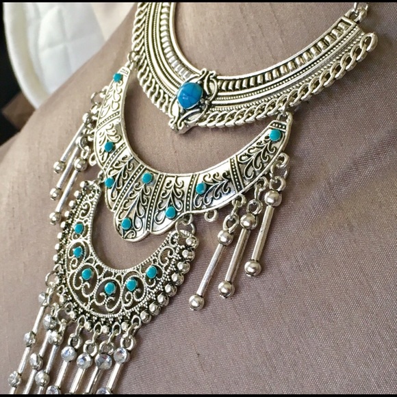 Gypsy Boho Turquoise & Silver Bib Necklace - Picture 4 of 5