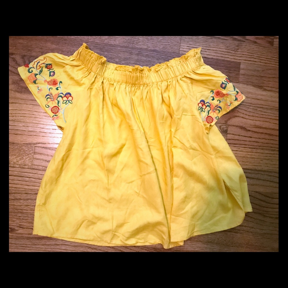 Boho Yellow Embroidered Off the Shoulder Top M