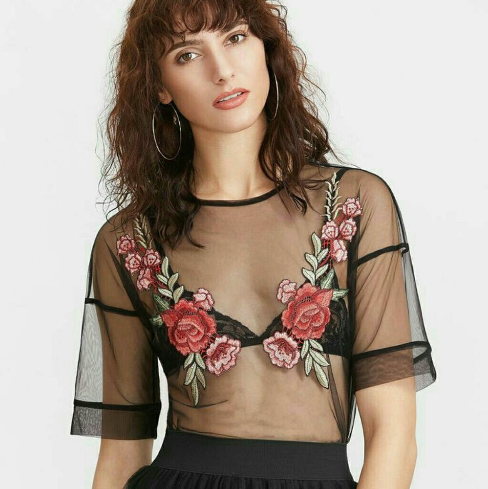 ⚘Floral Embroider Transparent Mesh Crop Top