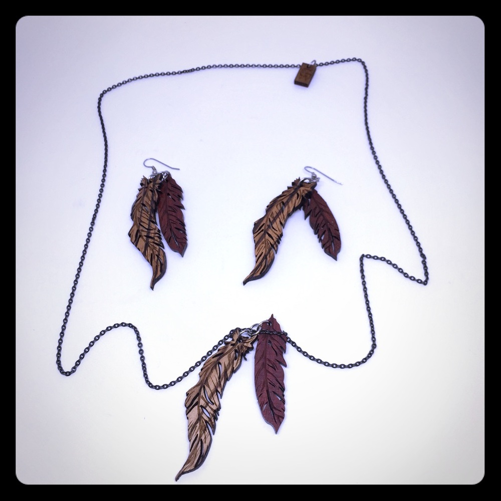 GoodWood NYC wooden feather necklace and earrings