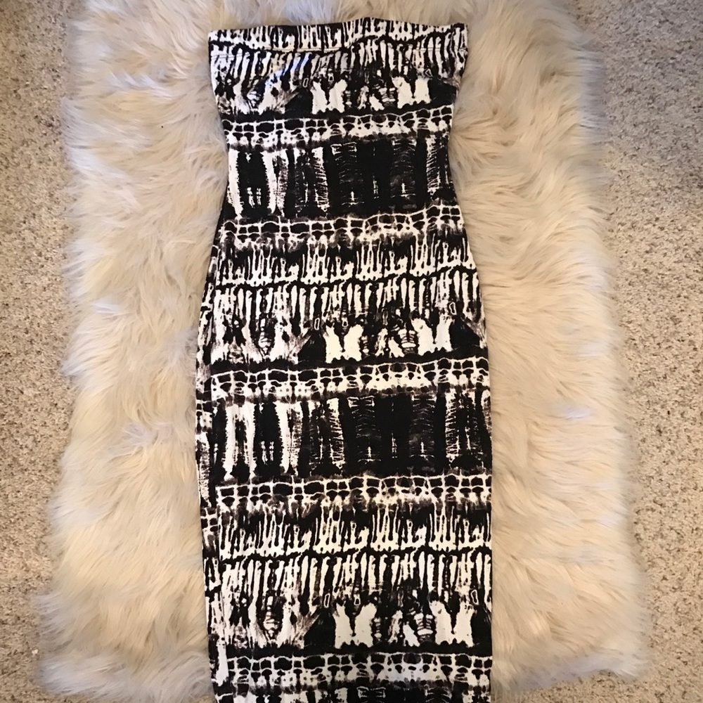 White/black tie dye midi strapless bodicon dress