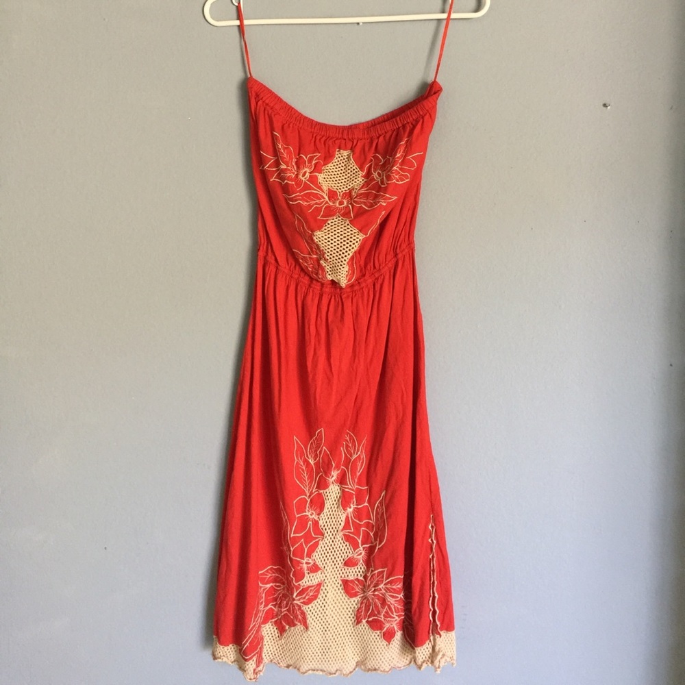 Beautiful Red Embroidered Summer Strapless Dress