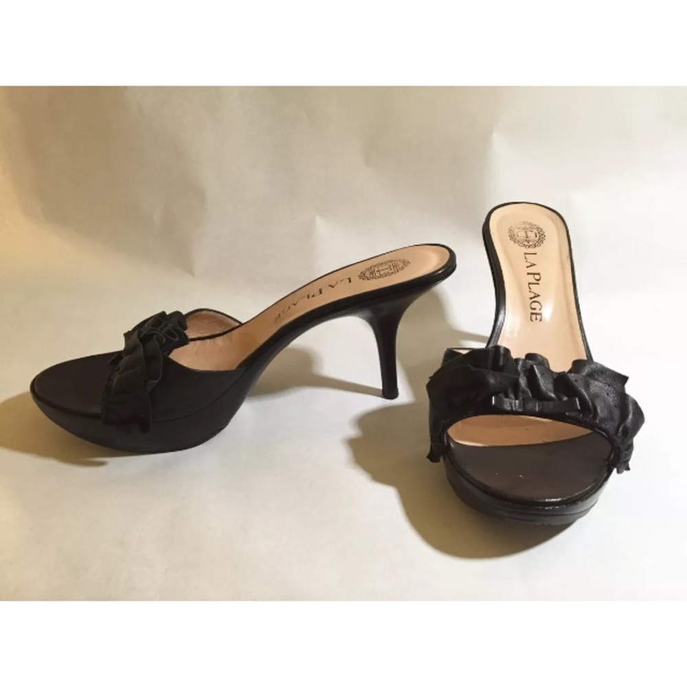 La Plage Black Leather Platform Slipper 8 Kitten