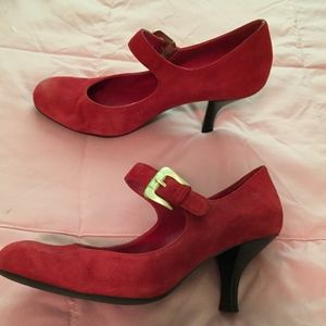 Franco Sarto Red suede pumps, with strap.
