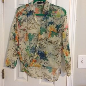 Draped floral and bird print three quarter sleeve