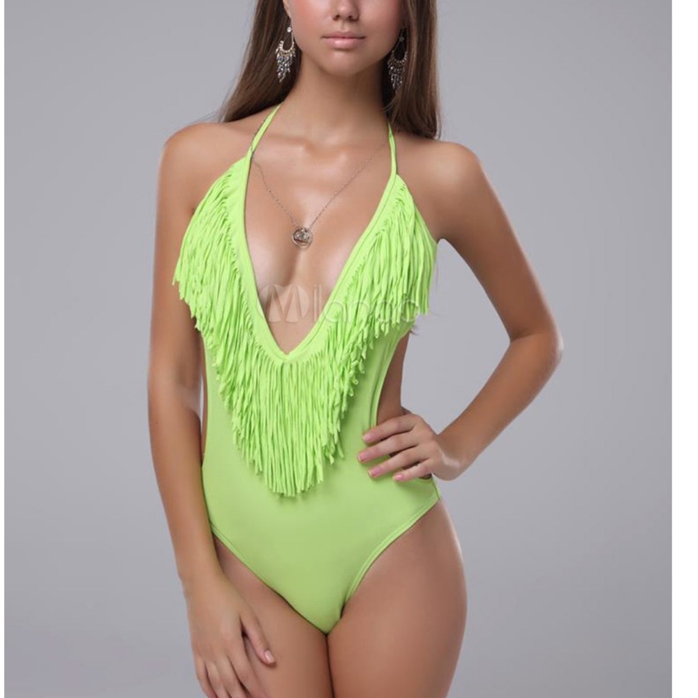 Lime green fringe monokini