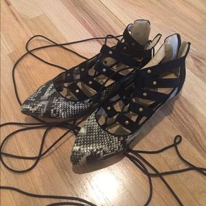 Snakeskin lace up strappy sandals