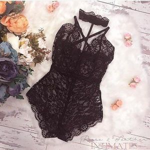 NWT handmade black bodysuit lingerie rose feather