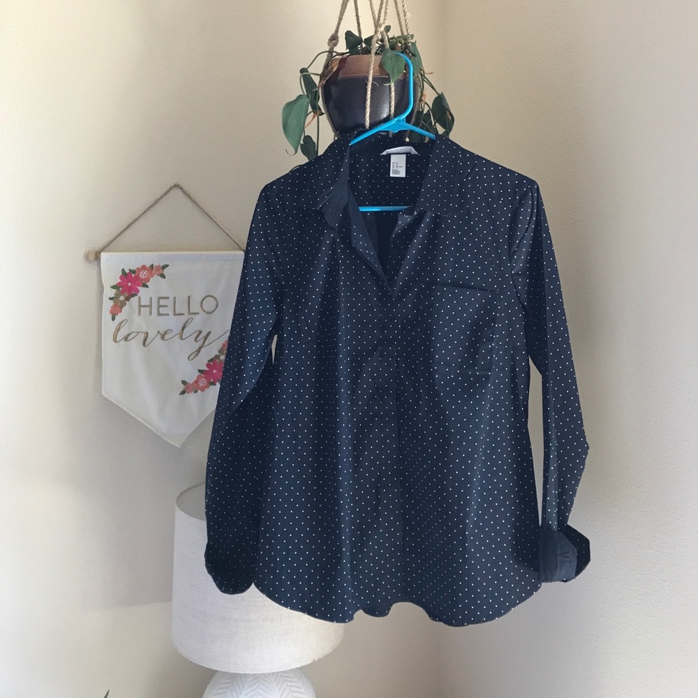 H&M Navy polka dot long sleeve button down top