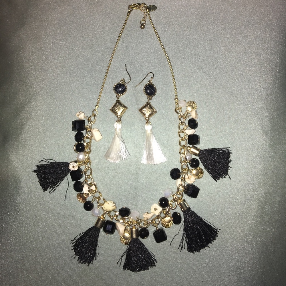 Black and white tassel necklace and earring set