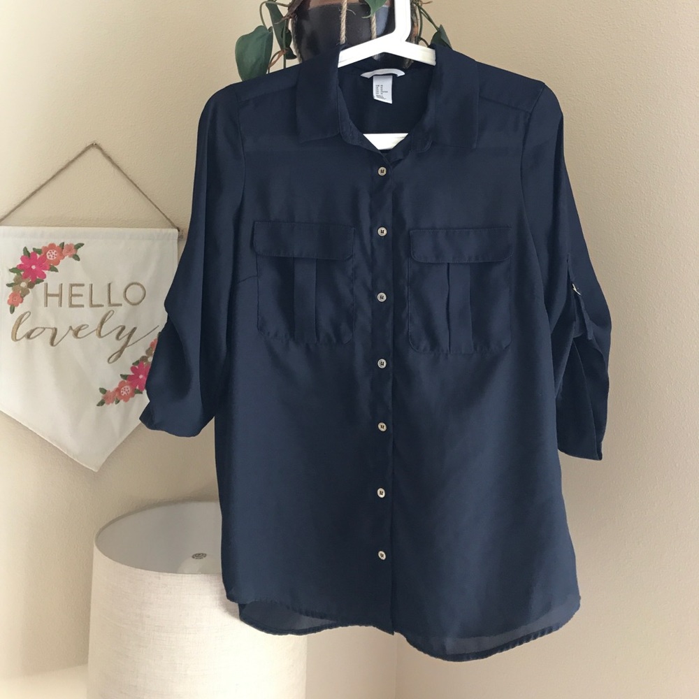 H&M sheer navy button down top