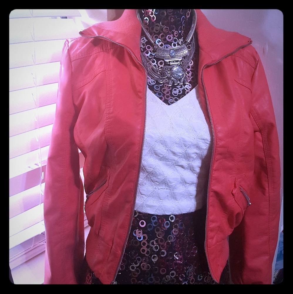 Peach-colored leather jacket