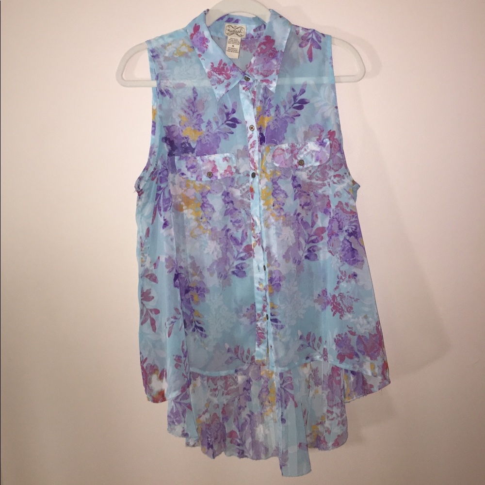 Button down, sleeveless, sheer, blouse