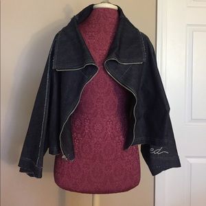 Denim Cape Jacket w embellished "blessed" sleeve.