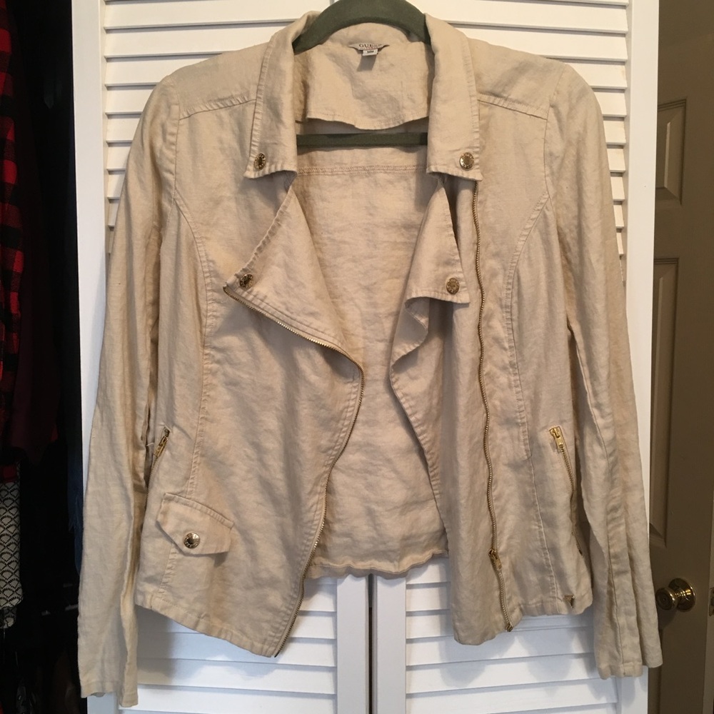 Guess Cream Linen Moto Jacket w Gold Hardware M