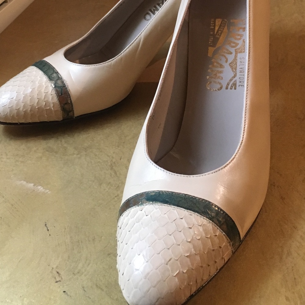 Ferragamo 3" Cream and Snake Pump