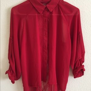 Red cut-out back sheer button up shirt