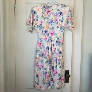 80's silk pastel floral print dress