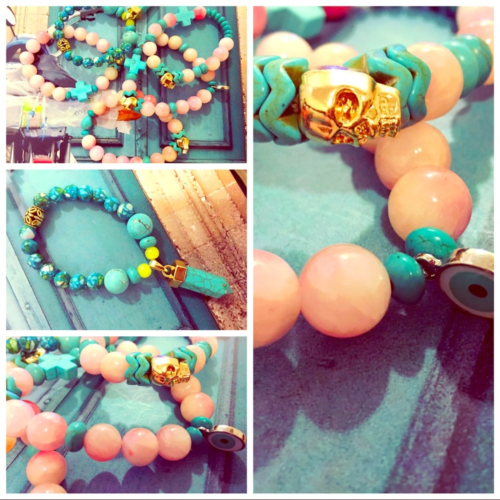 Layered bracelets (turquoise, skulls, stone)