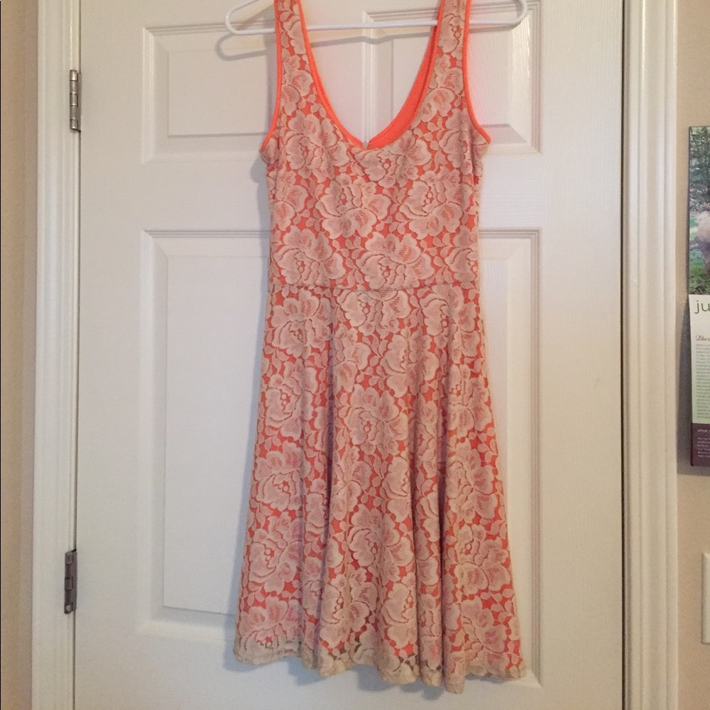 Coral with neutral lace overlay dress
