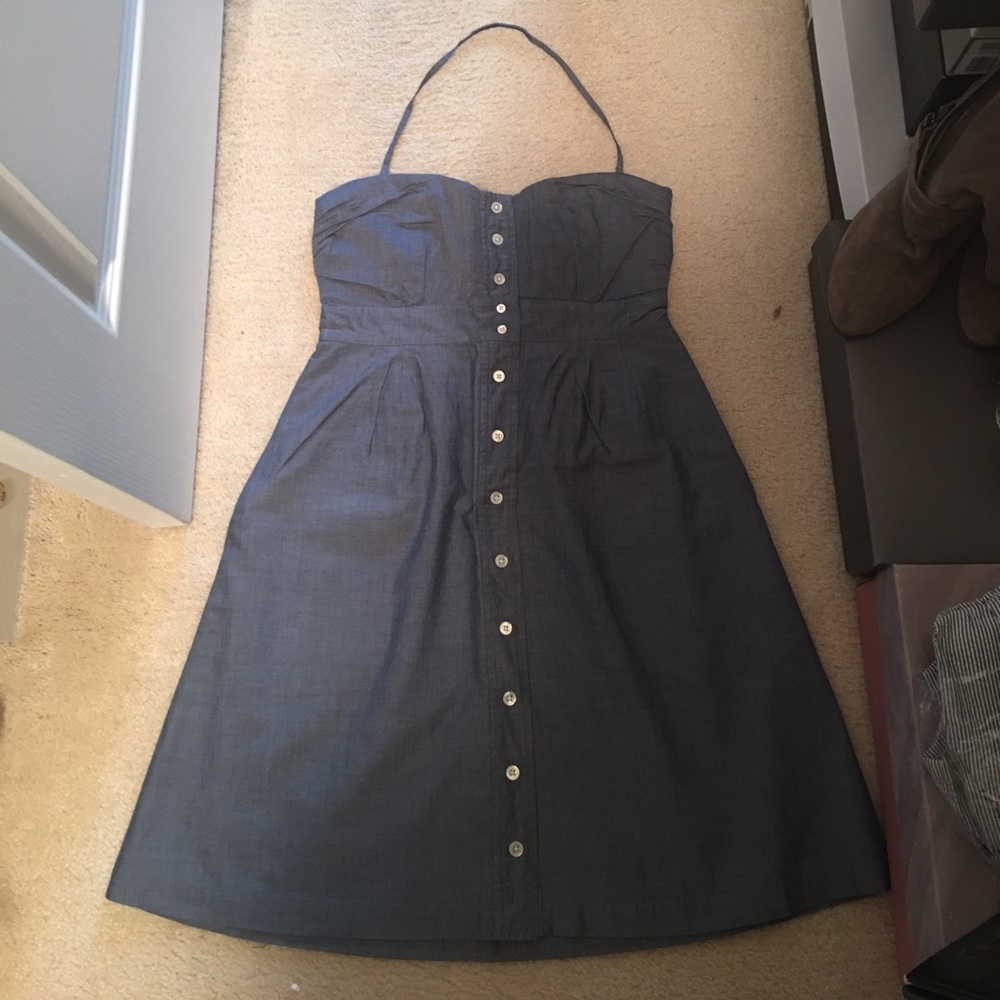 Chambray strapless dress with button detail