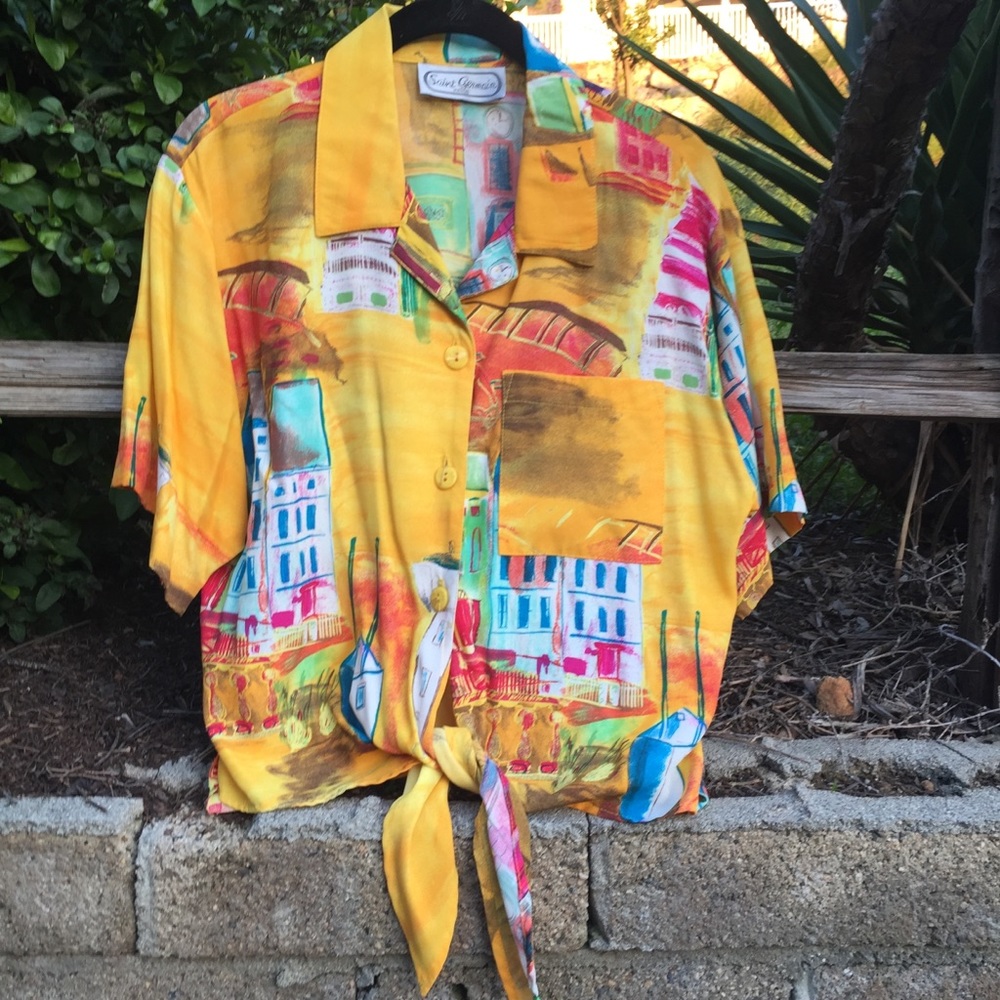 Vintage Tie Front Blouse 50s Style Yellow - Picture 2 of 4