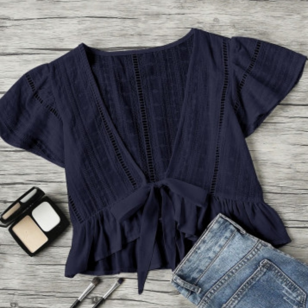 Navy V-Neck Bow Top