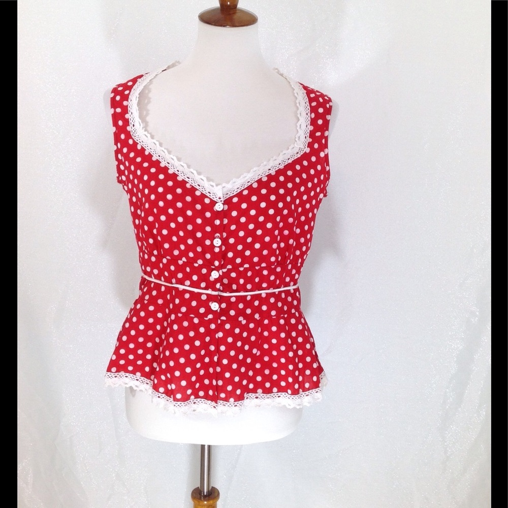Sook Red/White Polka Dot Top with white trim