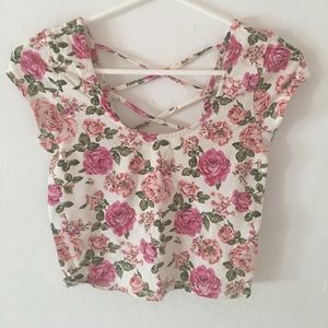 White and Pink Floral Crop Top w/ lace up back