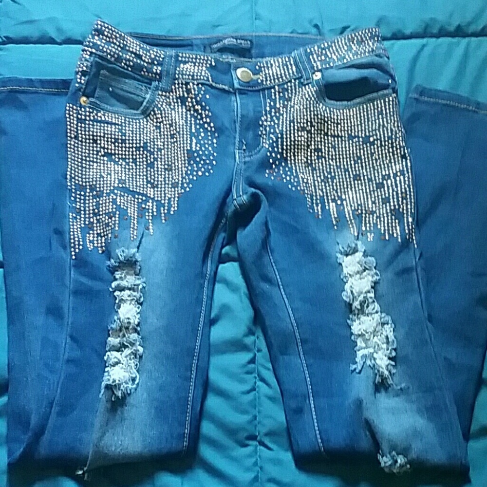 Blue with gold bling skinny jeans