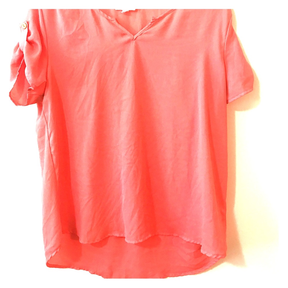Coral / Pink short sleeve semi sheer blouse