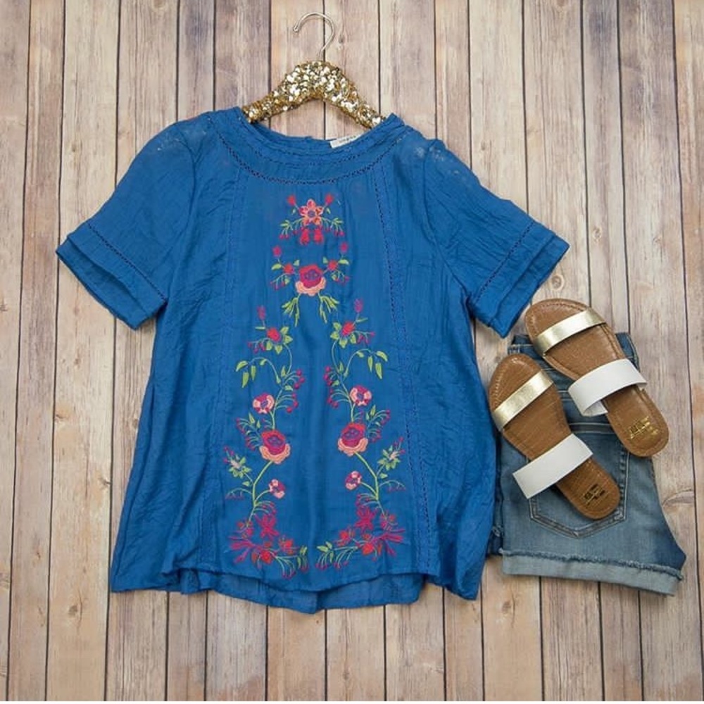 Flaunt Boutique Blue Embroidered Blouse